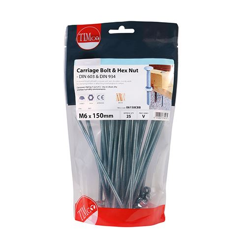 TIMCO Carriage Bolt & Hex Nut - BZP M6 x 150 Silver Pack 25