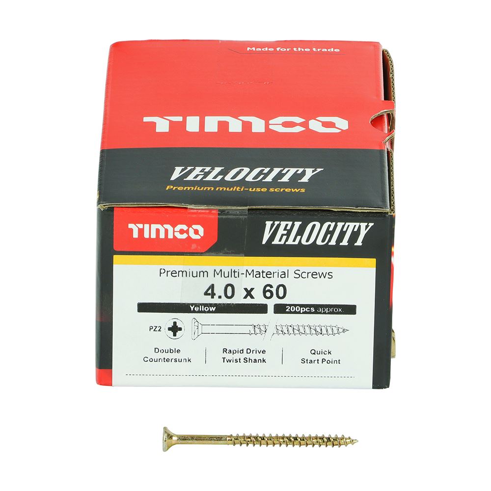 TIMCO Velocity Screw PZ2 CSK ZYP 4.0 x 60 Gold Pack 200