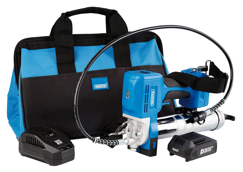 Draper D20 GREASE GUN SET 03359 D20 20V Grease Gun Kit, 1 x 2.0Ah Battery, 1 x Charger (3 Piece)