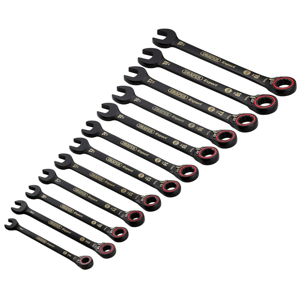 Draper 12PC REVERS.RATCHET SPAN. SET 03912 HI-TORQ® Metric Reversible Ratchet Combination Spanner Set, Black (12 Piece)