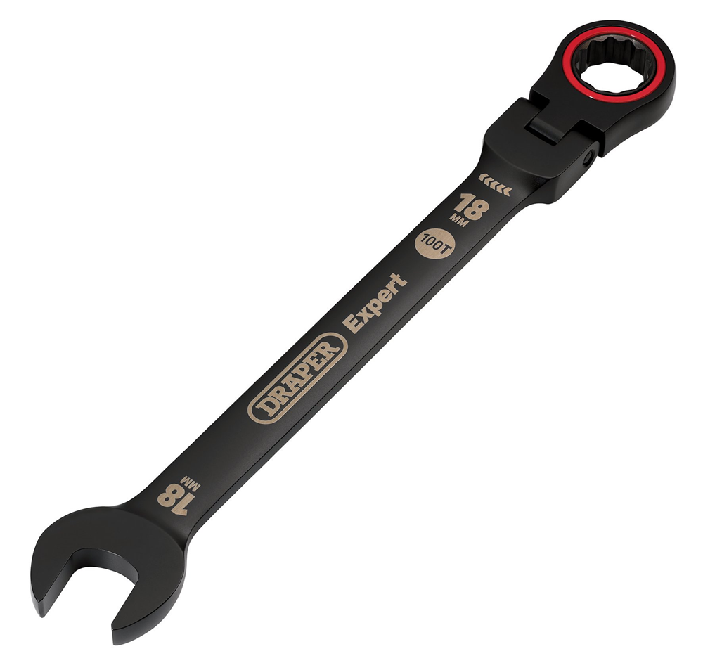 Draper 18MM FLEX HEAD RATCHET SPANNER 03925 HI-TORQ® Metric Flexible Head Ratchet Combination Spanners, Black