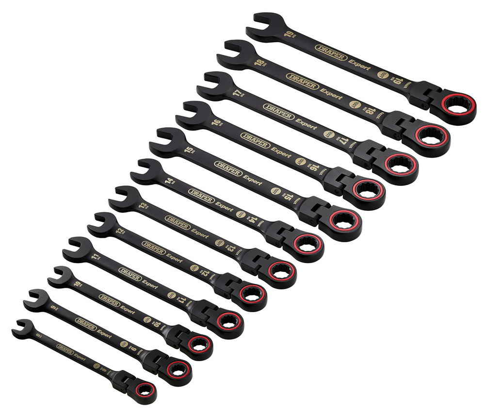 Draper 12PC FLEX HEAD RATCHET SPANNER 03929 HI-TORQ® Metric Flexible Head Ratchet Combination Spanner Set, Black (12 Piece)