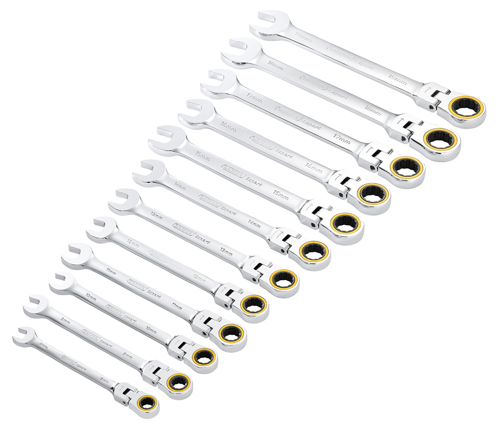 Draper 12PC FLEX HEAD RATCHET SPANNER 03932 HI-TORQ® Metric Flexible Head Ratchet Combination Spanner Set (12 Piece)