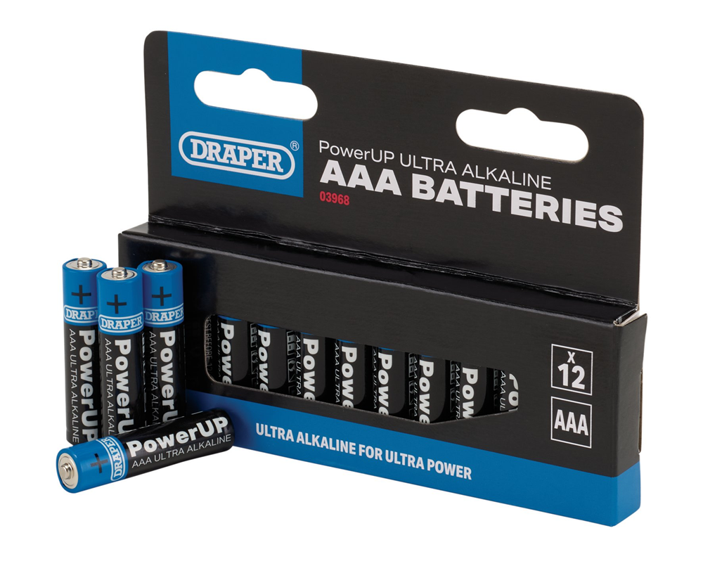 Draper AAA BATTERIES - PACK OF 12 03968 Draper PowerUP Ultra Alkaline Batteries