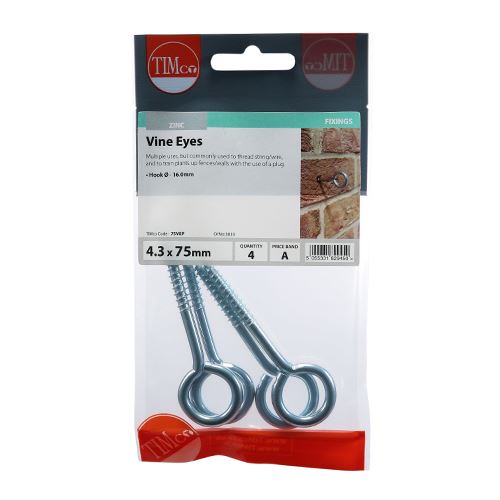 TIMCO Vine Eyes - BZP 75mm Silver Pack 4