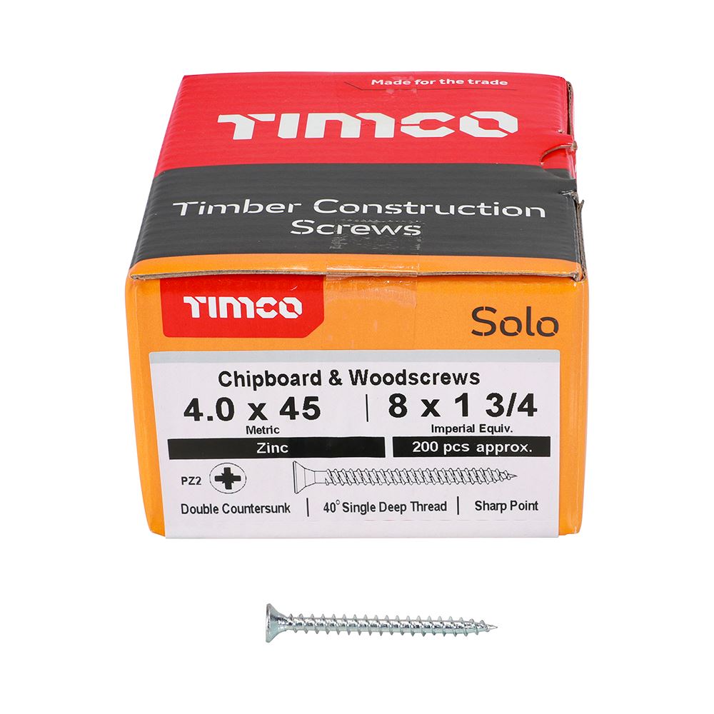 TIMCO Solo Woodscrew PZ2 CSK Zinc 4.0 x 45 Silver Pack 200