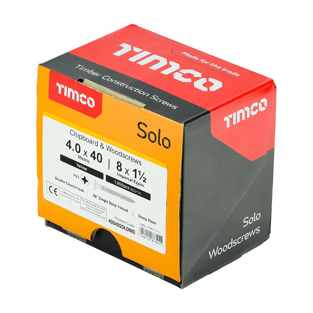 TIMCO Solo Woodscrew CSK - ZYP (IND) 4.0 x 40 Gold Pack 1000