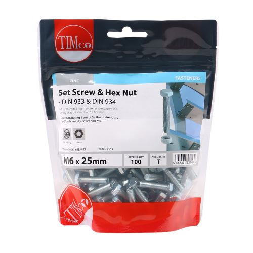 TIMCO Set Screw & Hex Nut - BZP M6 x 25 Silver Pack 100