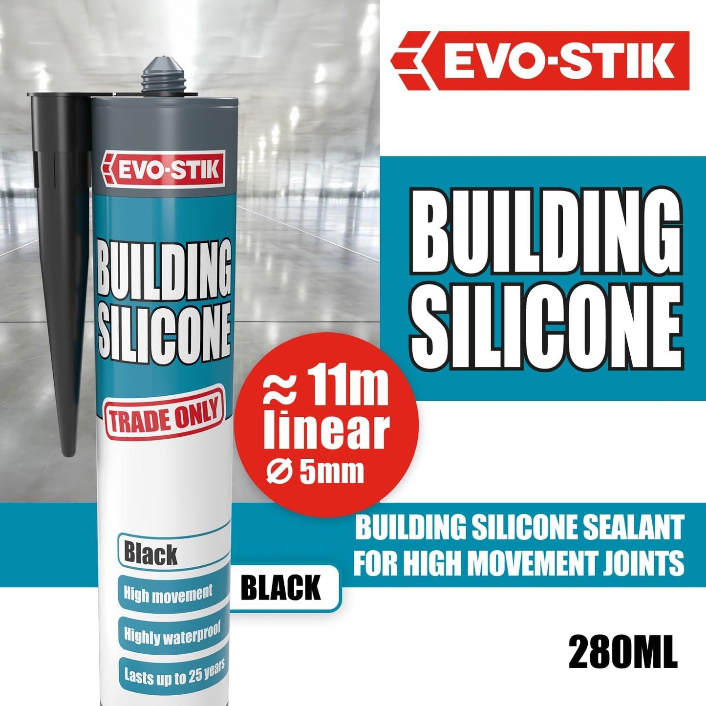 EVO-STIK Building Silicone Sealant Black 290ml Waterproof Adhesive