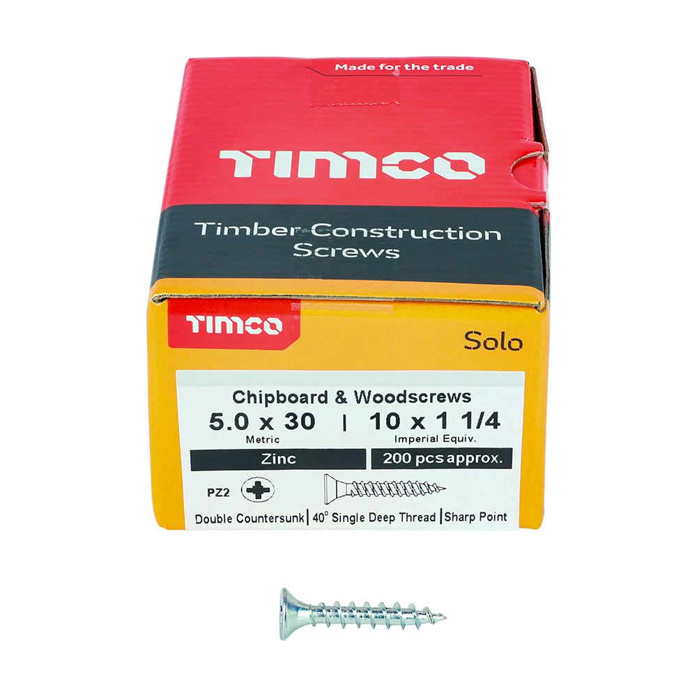 TIMCO Solo Woodscrew PZ2 CSK Zinc 5.0 x 30 Silver Pack 200