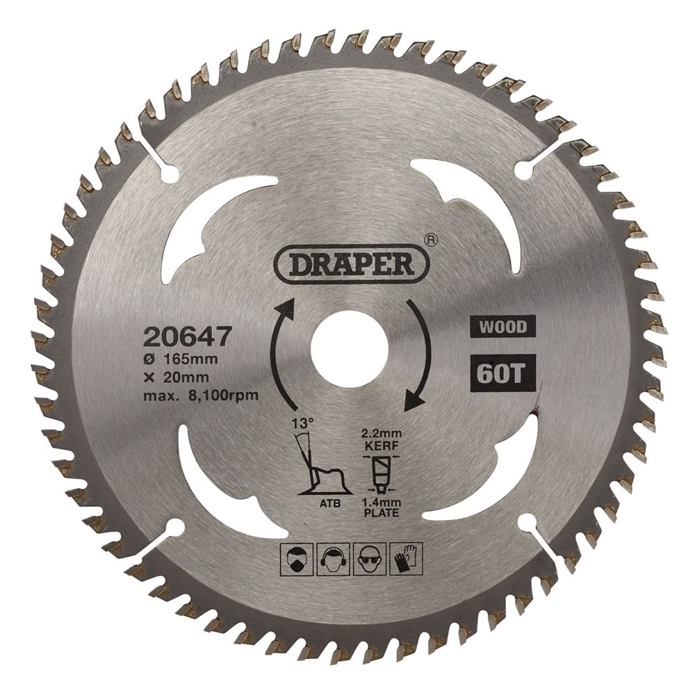 Draper TCT SAW BLADE 165MM 60T WOOD 20647 TCT Circular Saw Blades for Wood 165 x 20mm