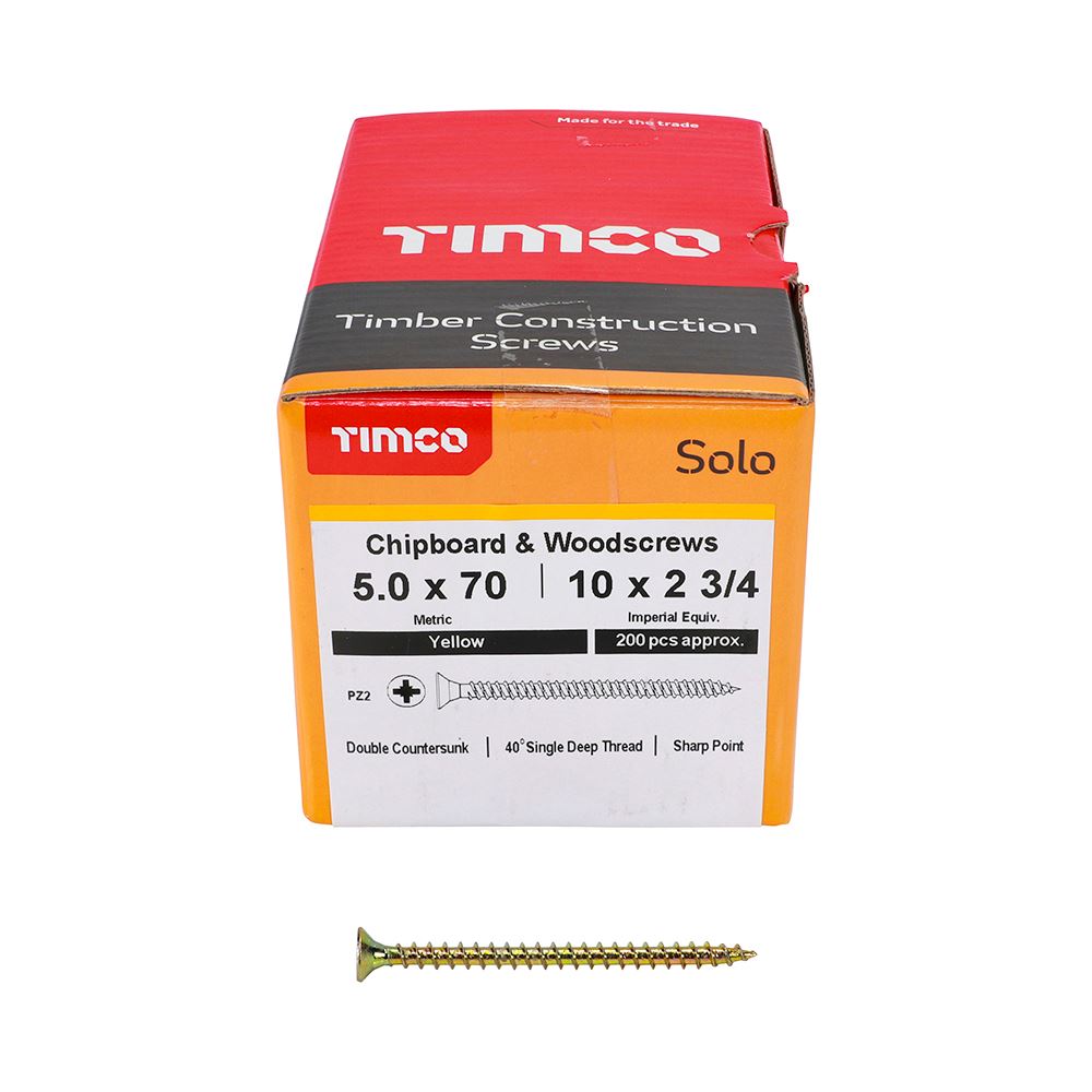 TIMCO Solo Woodscrew PZ2 CSK ZYP 5.0 x 70 Gold Pack 200
