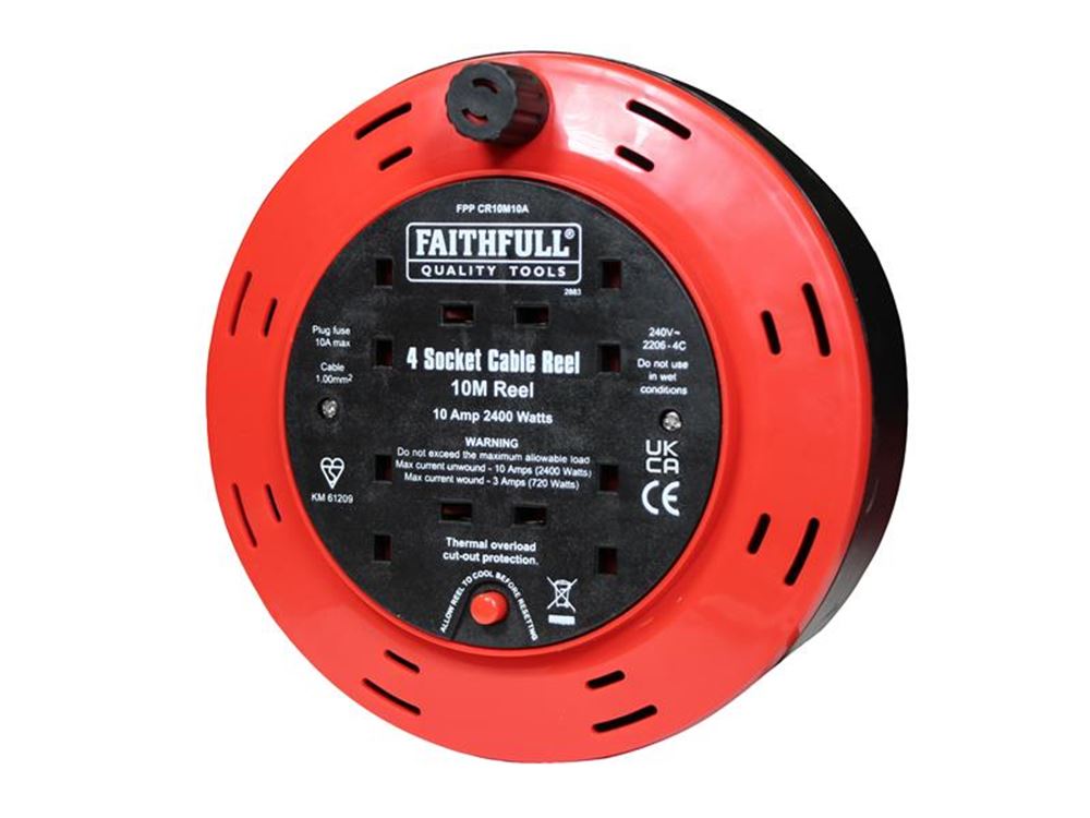 Faithfull Power Plus Extension Cable Reel 240V 10A 4-Socket 10m