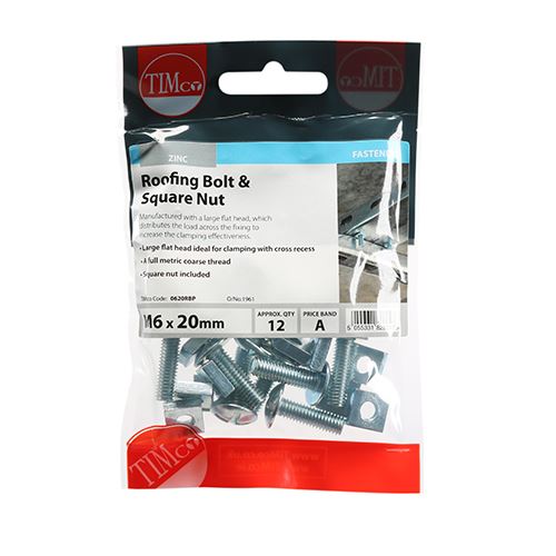 TIMCO Roofing Bolt & SQ Nut - BZP M6 x 20 Silver Pack 12