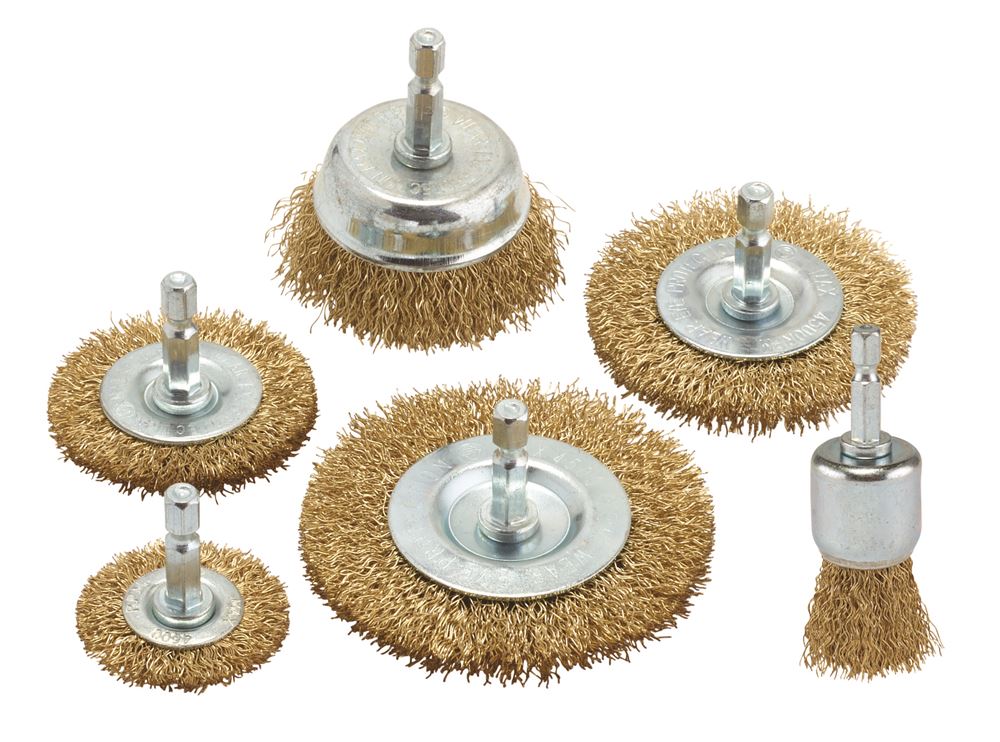 07436 Draper Brassed Steel Crimped Wire Brush Set (6 Piece) WBSET6 Wire Cup Brushes Professional Trade DIY Workshop Garage Use