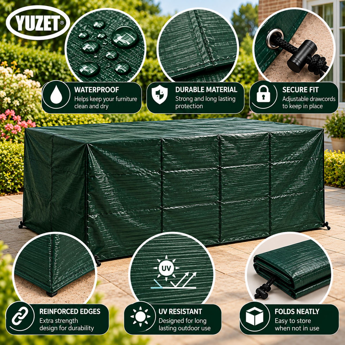 Yuzet XT 6 Seater Rectangular Garden Table Cover Green 170 x 94 x 71cm 100% Waterproof UV Resistant Outdoor Furniture Protector