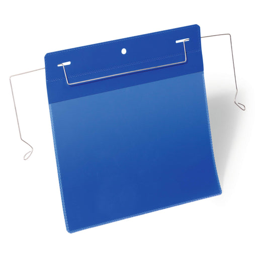Durable Wire Hanger Ticket Holder Document Pocket Landscape | 50 Pack | A5 Blue