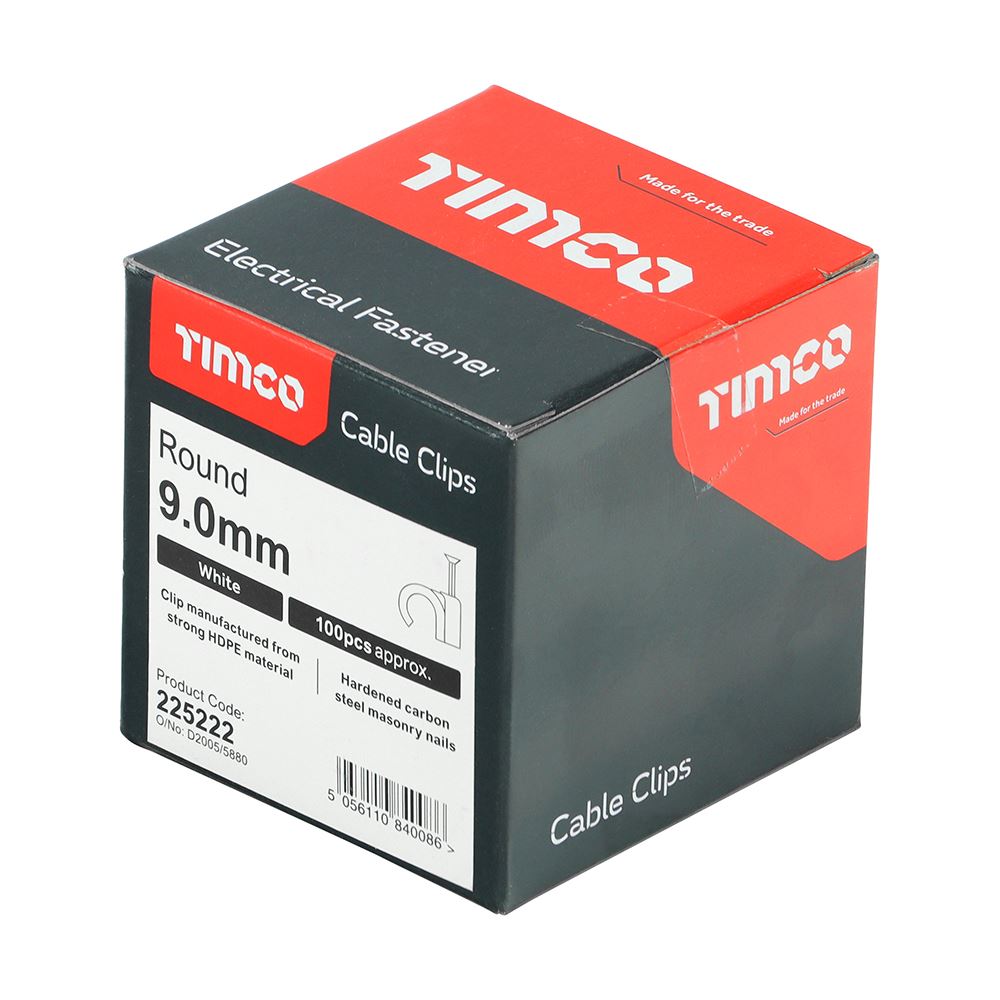 TIMCO Round Cable Clip White To fit 9.0mm White Pack 100
