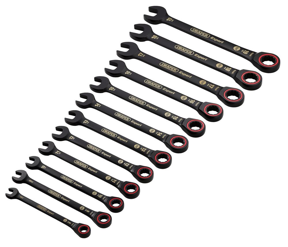 03896 Draper Expert Expert HI-TORQ Metric Ratchet Combination Spanner Set, Black (12 Spanner/Wrench Ratchet Spanners Professional Trade DIY Workshop