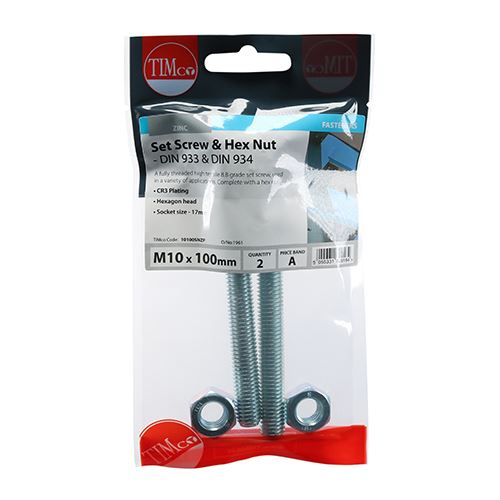 TIMCO Set Screw & Hex Nut - BZP M10 x 100 Silver Pack 2