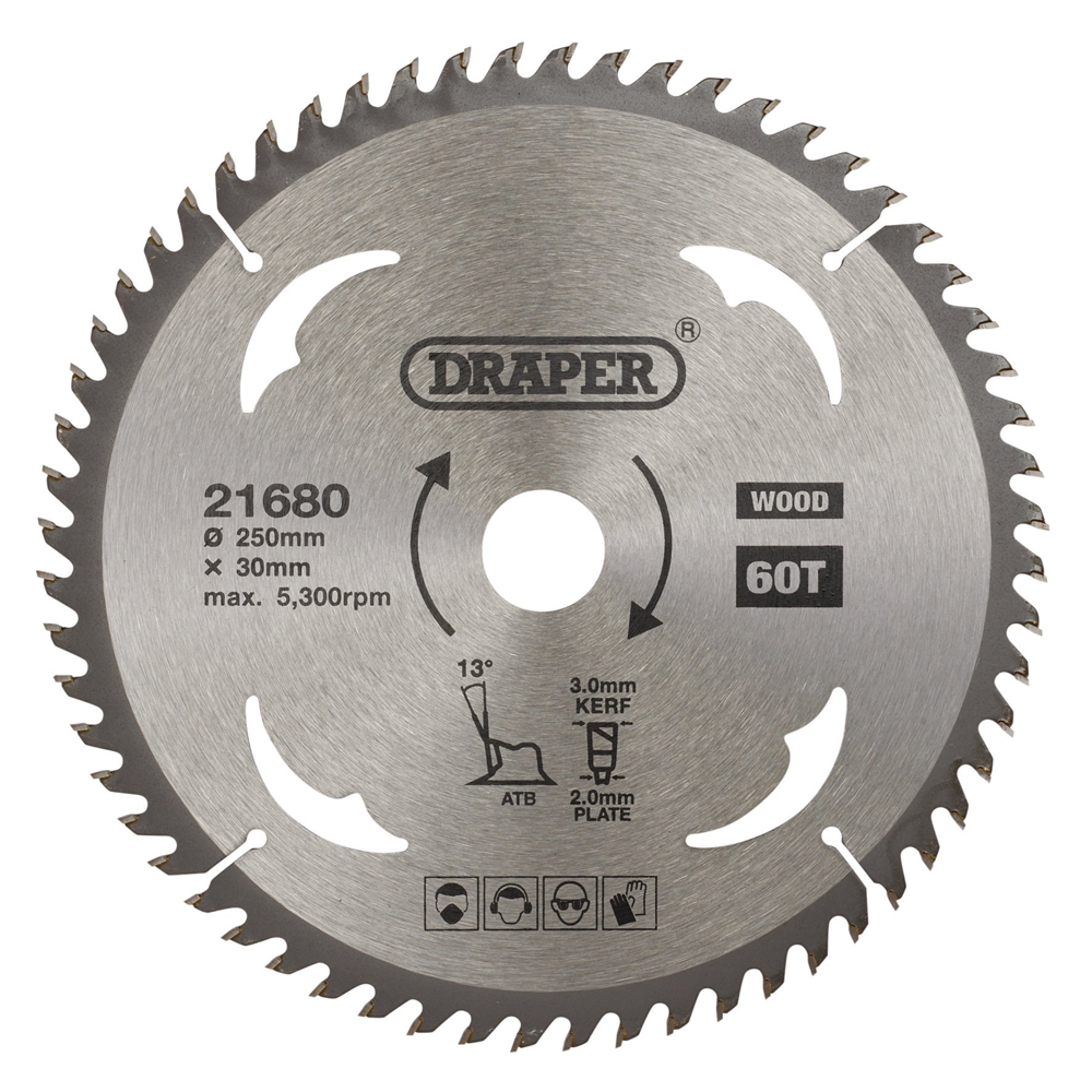 Draper TCT SAW BLADE 250MM 60T WOOD 21680 TCT Circular Saw Blade for Wood, 250 x 30mm