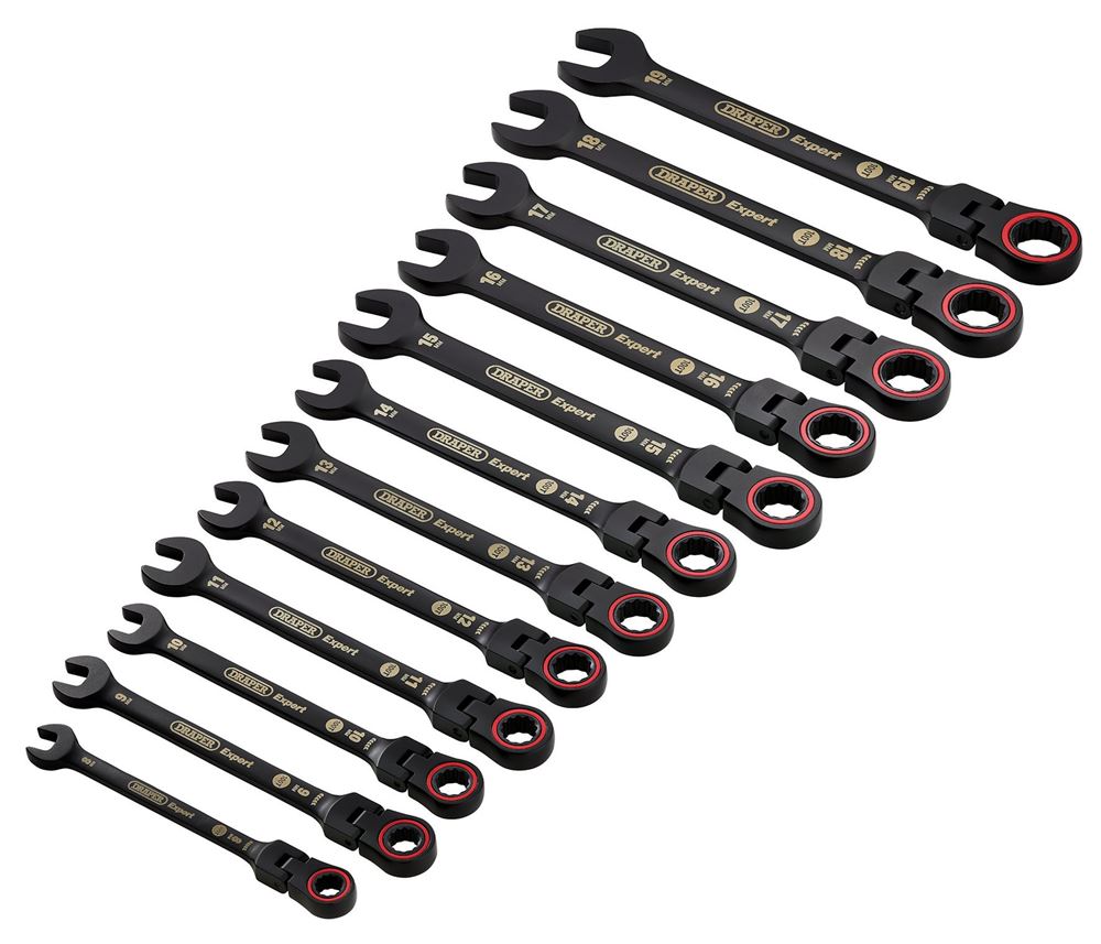 Draper 12PC FLEX HEAD RATCHET SPANNER 03929 HI-TORQ® Metric Flexible Head Ratchet Combination Spanner Set, Black (12 Piece)