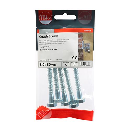 TIMCO Coach Screws Hex Head Silver - 8.0 x 80 TIMpac OF 5 - 0880CSCP