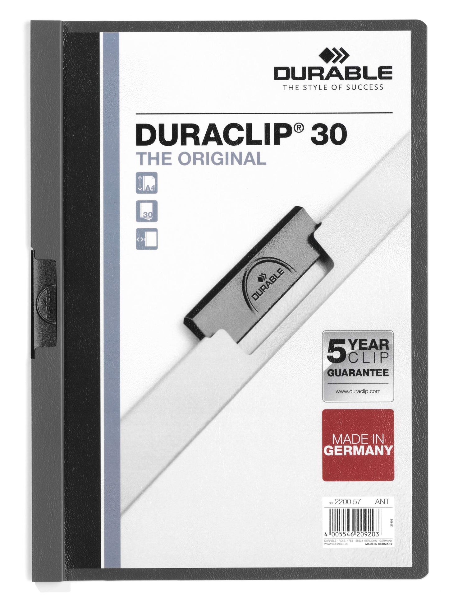 Durable DURACLIP 30 Sheet Document Metal Clip File Folder | 25 Pack | A4 Grey