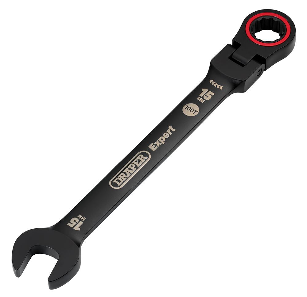 Draper 15MM FLEX HEAD RATCHET SPANNER 03922 HI-TORQ® Metric Flexible Head Ratchet Combination Spanners, Black