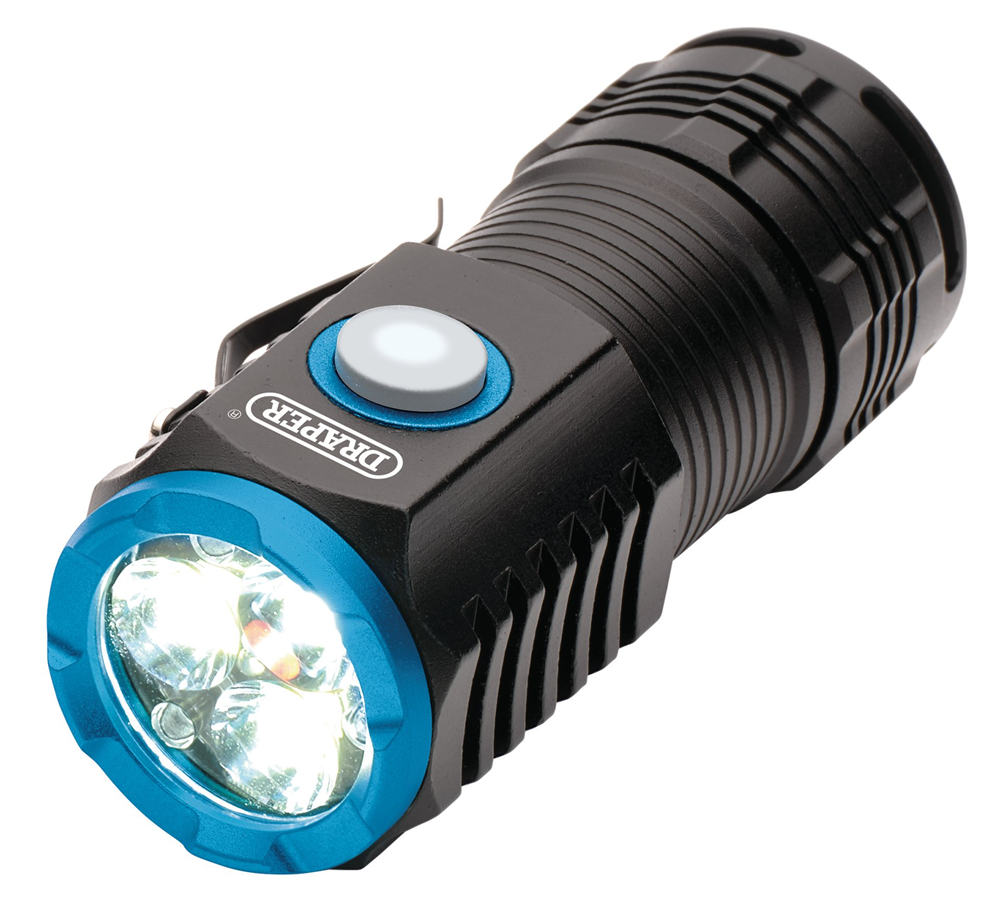 Draper POCKET HIGH POWER FLASHLIGHT LED Rechargeable Pocket Torch, 3 x 8W, 1800 Lumens, USB-C Cable Supplied