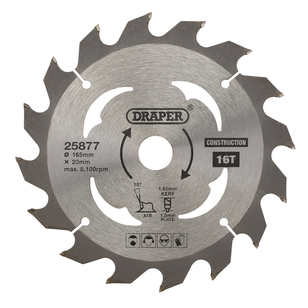 Draper TCT SAW BLADE 165MM 16T CONS 25877 TCT Cordless Construction Circular Saw Blade for Wood & Composites, 165 x 20mm