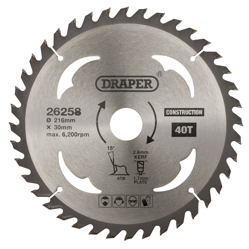 Draper TCT SAW BLADE 216MM 40T CONS 26258 TCT Construction Circular Saw Blade, 216 x 30mm