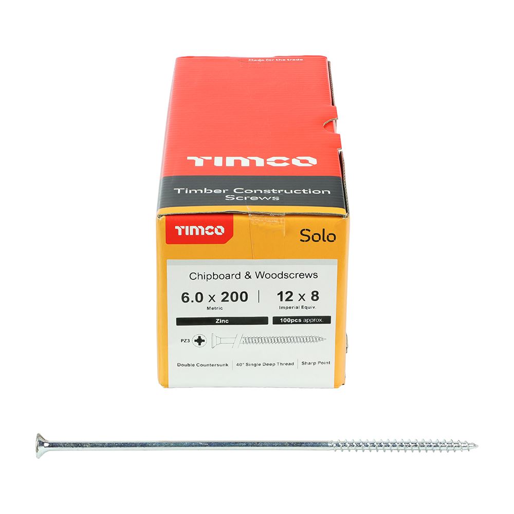 TIMCO Solo Woodscrew PZ3 CSK Zinc 6.0 x 200 Silver Pack 100