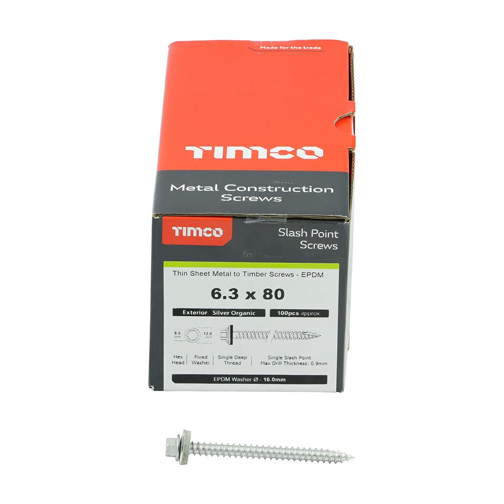 TIMCO Hex Screw W16 Slash EXT 6.3 x 80 Silver Pack 100