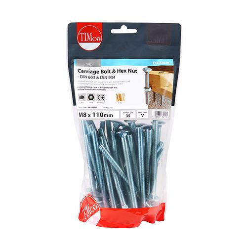 TIMCO Carriage Bolt & Hex Nut - BZP M8 x 110 Silver Pack 35