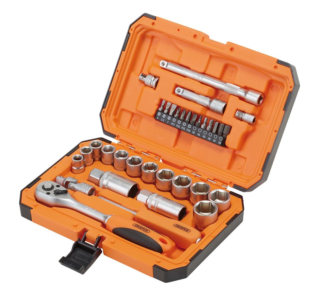 22110 Draper HI-TORQ 6 Point Socket Set, 1/4 and 3/8 (34 Piece) BD34M-O 1/4 Socket Sets Professional Trade DIY Workshop Garage Use