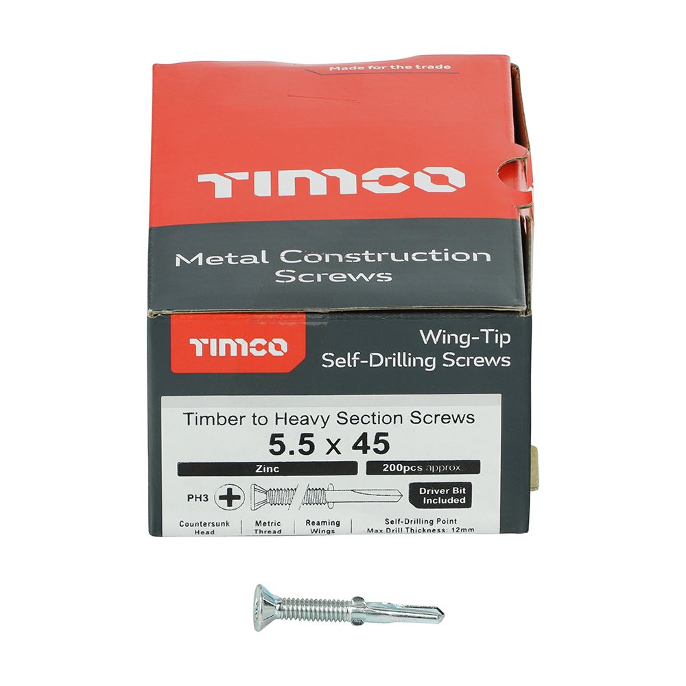 TIMCO WingTip Screw S/DRILL No4 Zinc 5.5 x 45 Silver Pack 200