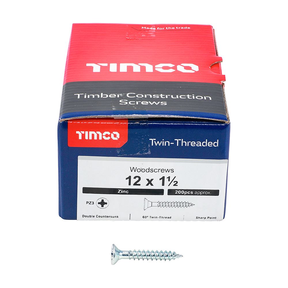 TIMCO Twin Woodscrew PZ3 CSK Zinc 12 x 1 1/2 Silver Pack 200