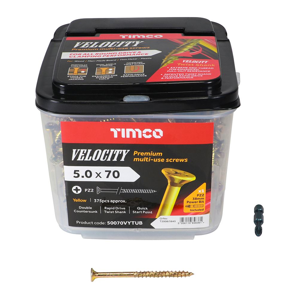 TIMCO Velocity Screw PZ2 CSK ZYP 5.0 x 70 Gold Pack 375