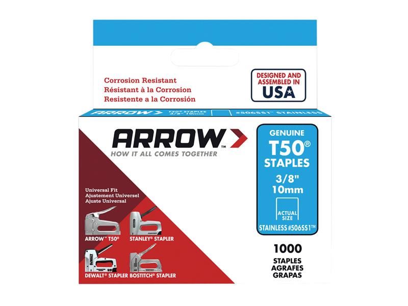 Arrow A506SS1 T50 Staples Stainless Steel 506SS 10mm (3/8in) Box 1000