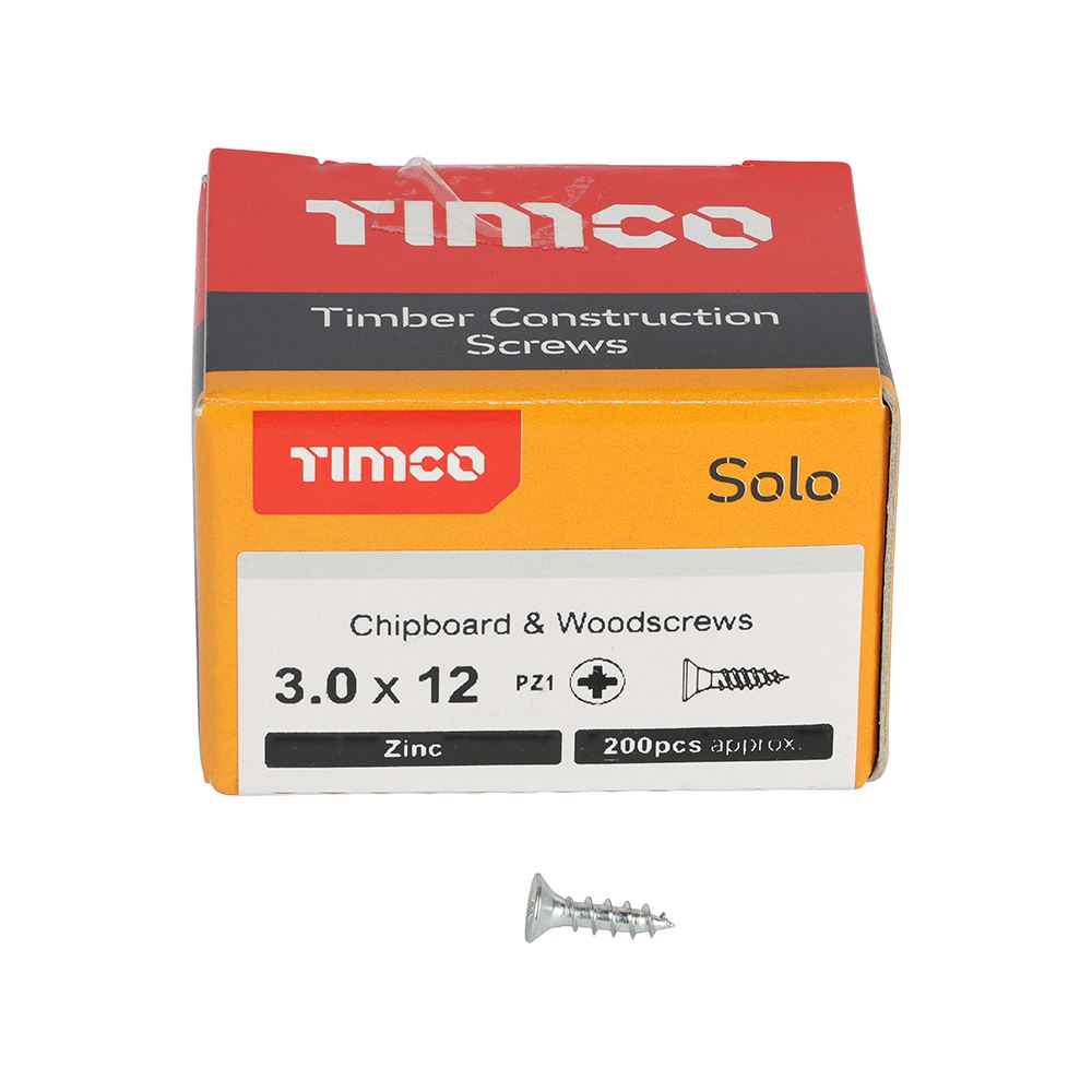 TIMCO Solo Woodscrew PZ1 CSK Zinc 3.0 x 12 Silver Pack 200