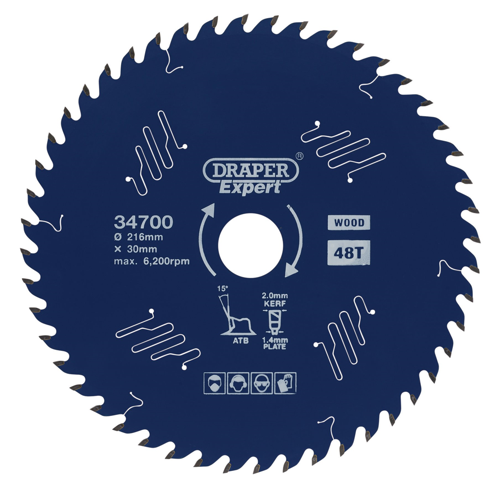 Draper TCT SAW BLADE 216MM 48T 34700 TCT Circular Saw Blade for Wood with PTFE Coating