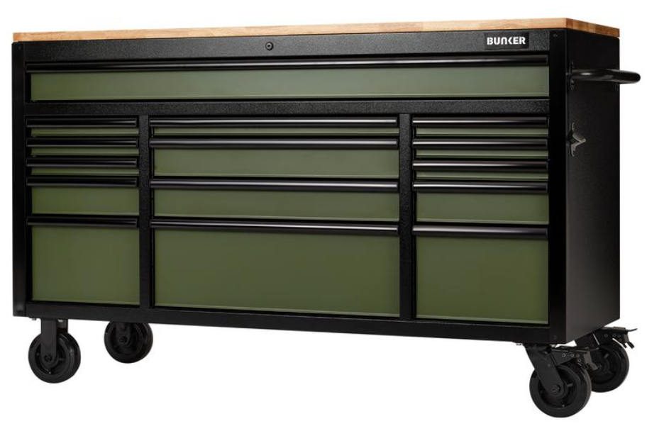 BUNKER 15 Drawer Workbench Roller Tool Cabinet, 61", Green