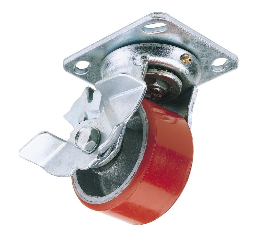 Draper IND.PU CAST.PLATE/BK-125MM DIA 65527 Heavy Duty Polyurethane Wheeled Swivel Plate Castors with Brake