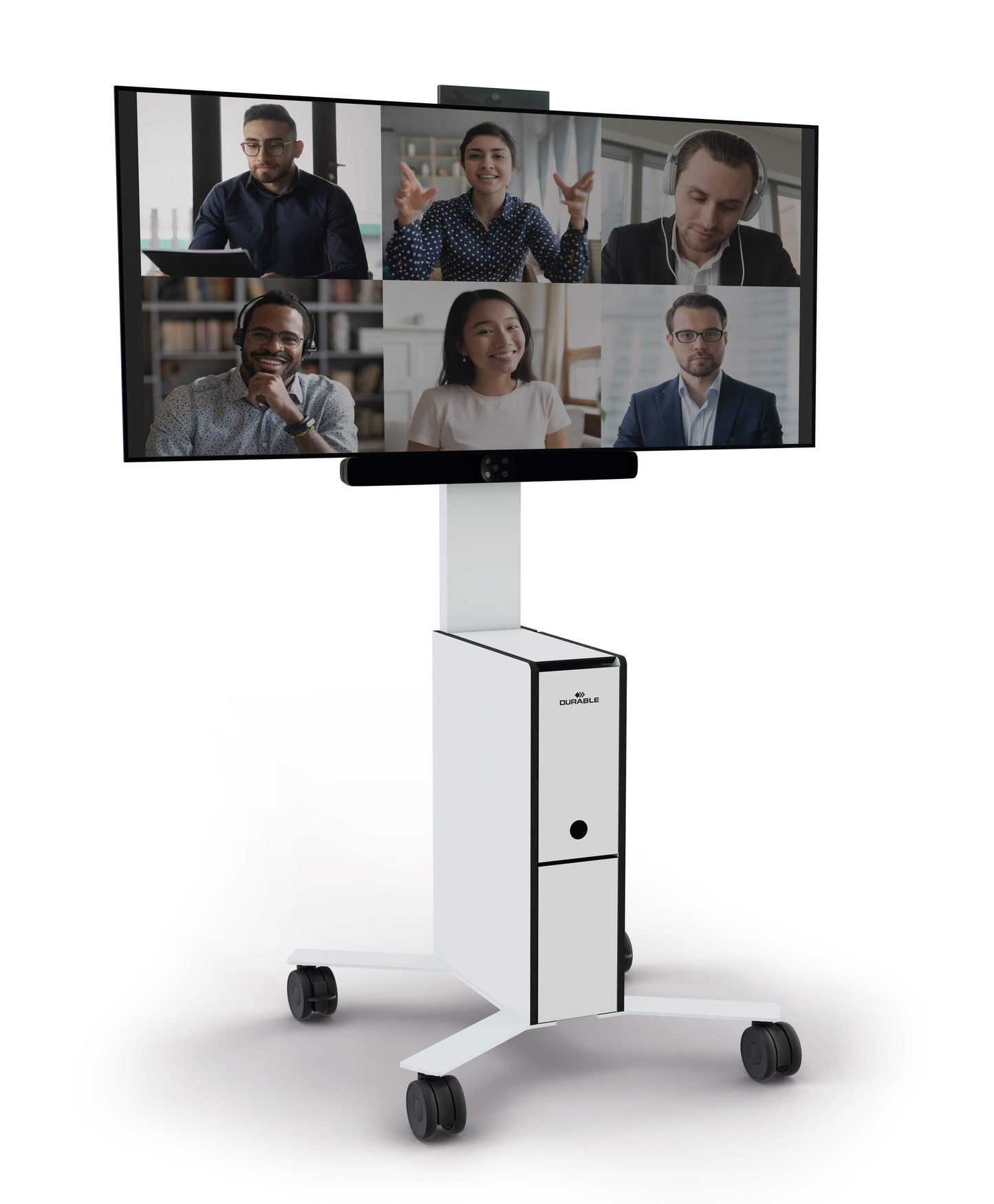 Durable COWORKSATION Smart Mobile TV Stand on Wheels | 19” - 65" White