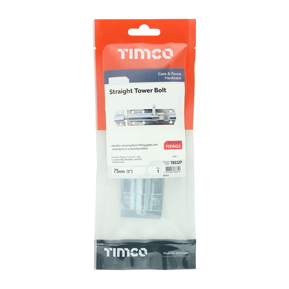 TIMCO Straight Tower Bolt Zinc 3" Silver Pack 1