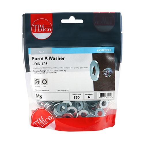 TIMCO Form A Washer DIN 125A - BZP M8 Silver Pack 350