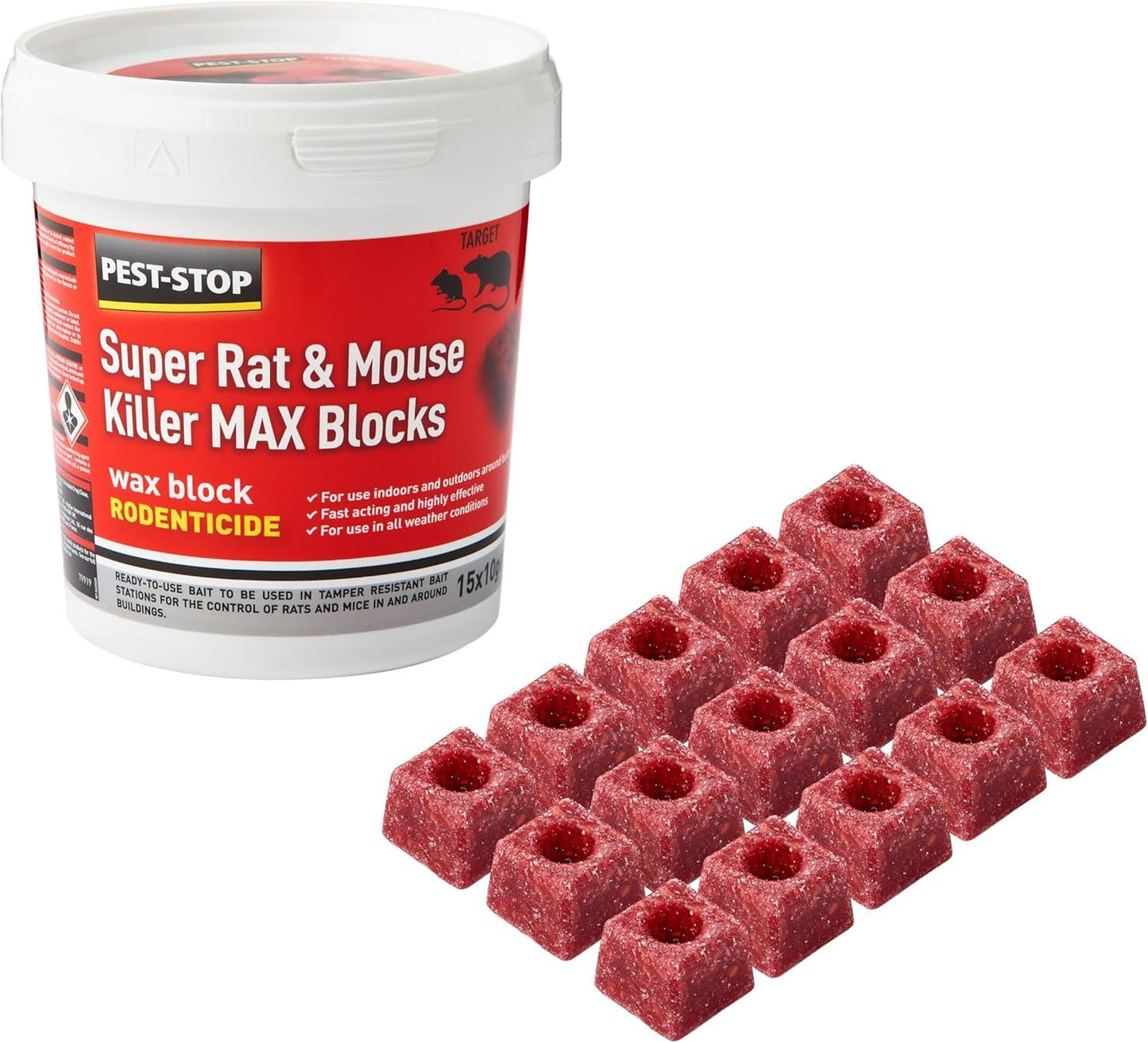 Pest Stop Super Rat & Mouse Killer MAX Wax Blocks - brodifacoum (15 x 10g) (Pack of 15)