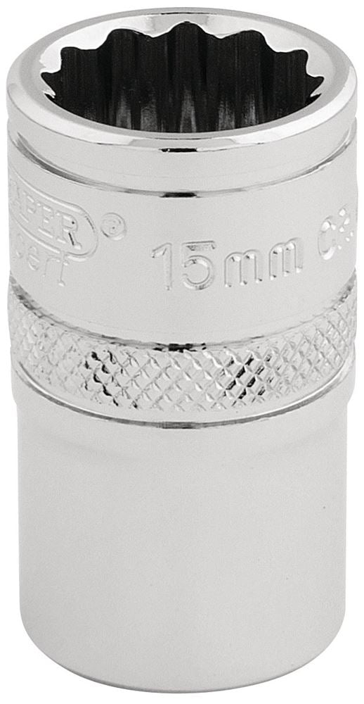 Draper 15MM 12PT SOCKET 1/2DR PCKD 33136 1/2" Sq. Dr. Metric Sockets (Polished Chrome)