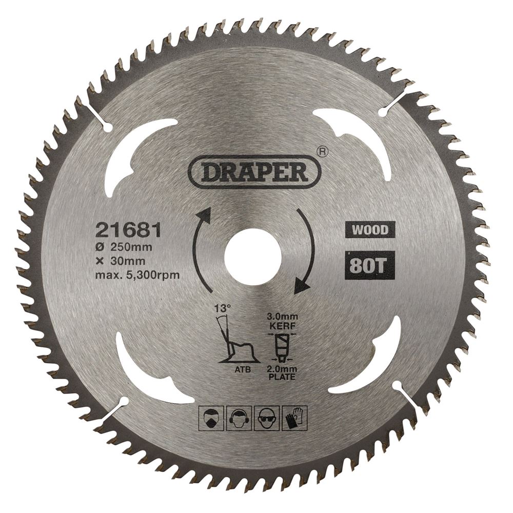 Draper TCT SAW BLADE 250MM 80T WOOD 21681 TCT Circular Saw Blade for Wood, 250 x 30mm